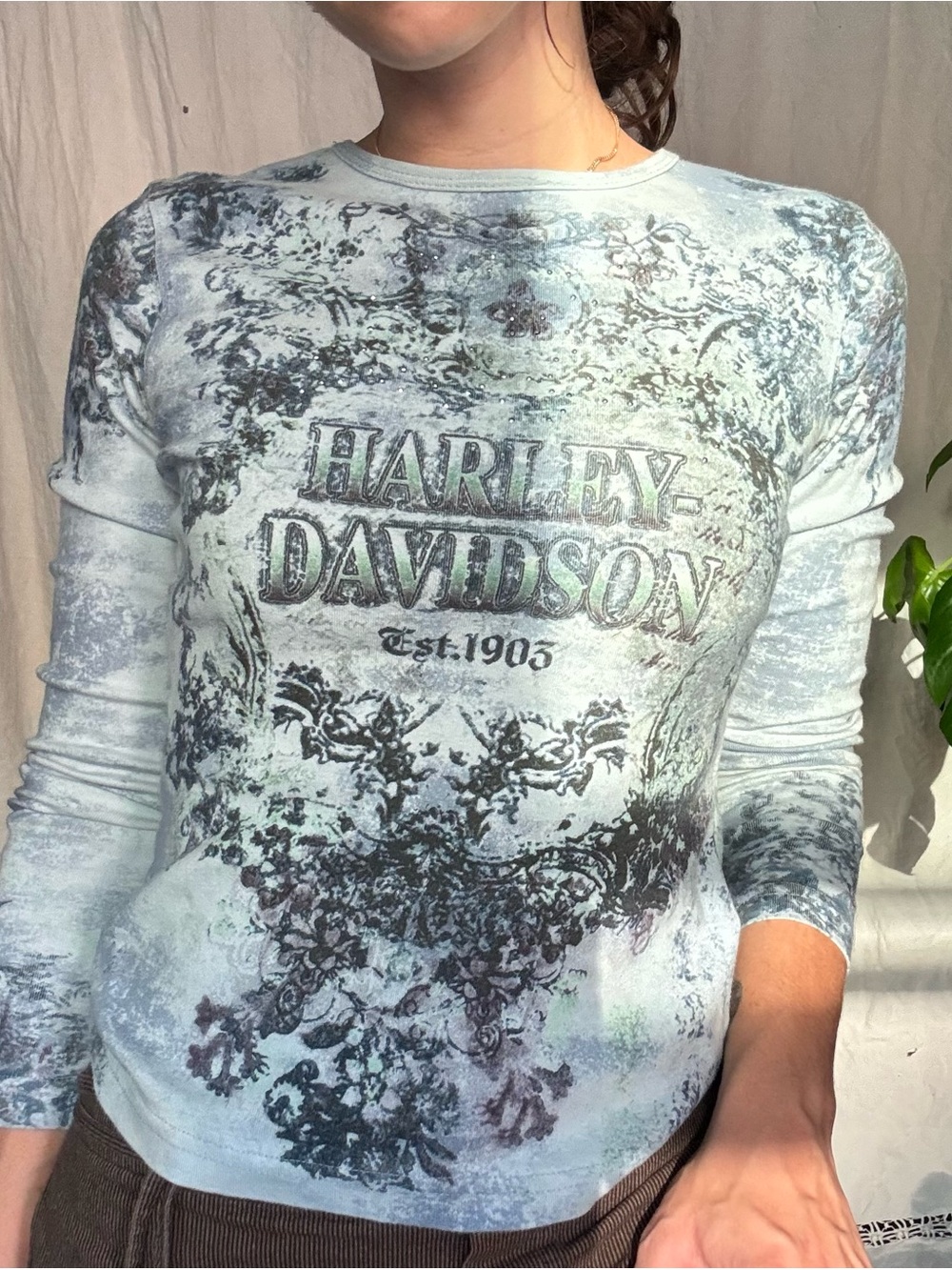 Harley-Davidson Light Blue Distressed Graphic Long Sleeve Top - Picture 2 of 2